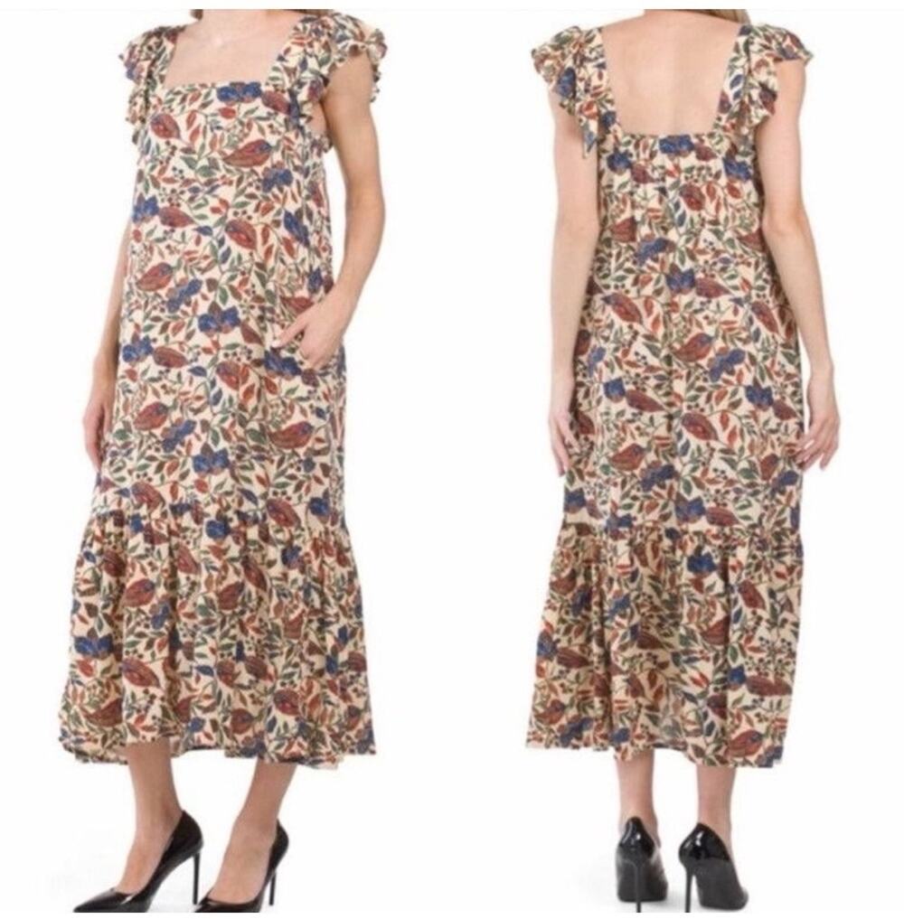 House of Harlow 1960 Womens Dress Flutter Sleeves Floral Sister Print Medium